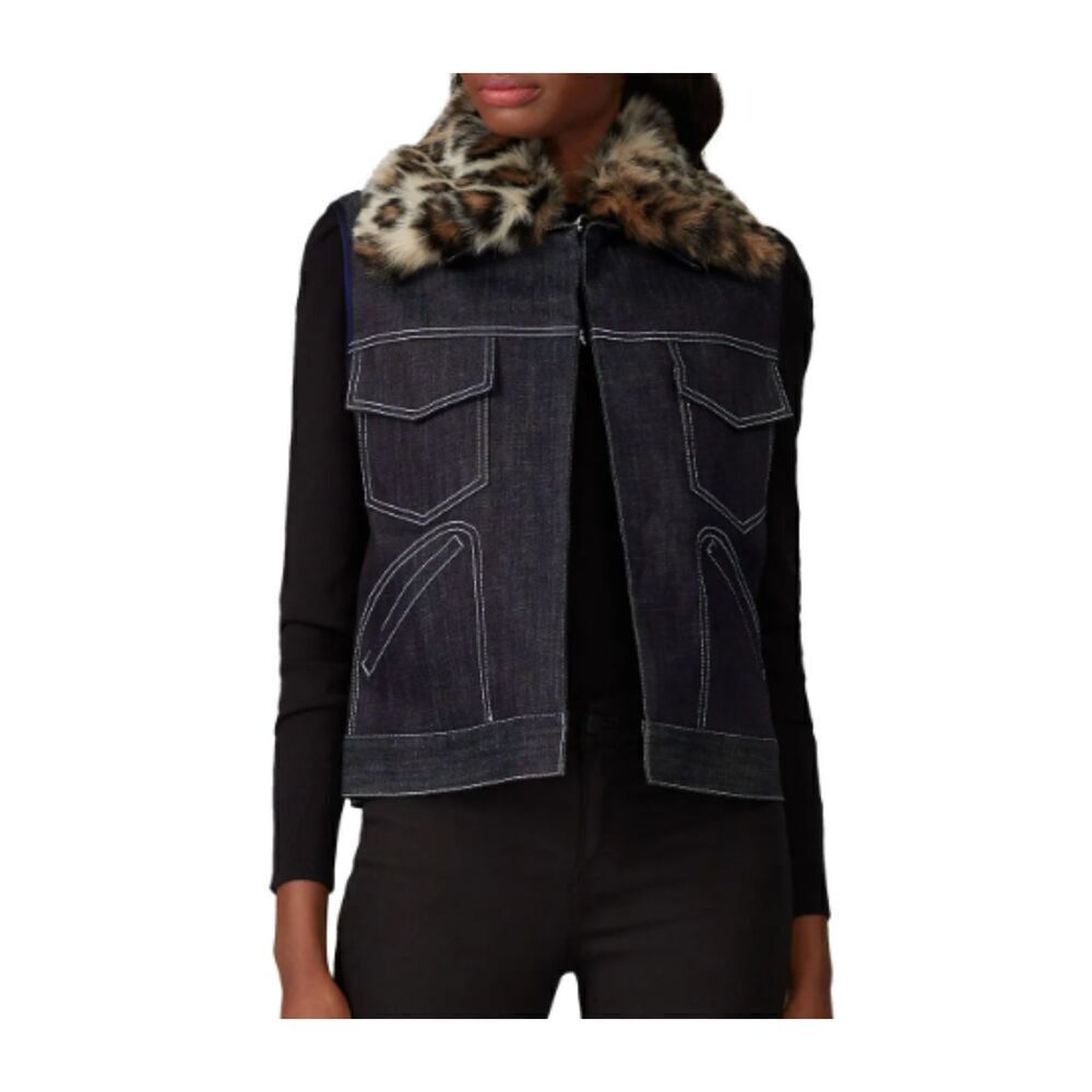 Harvey Faircloth Faux Fur Leopard Collar Denim Vest Green Lining Size‎ Medium